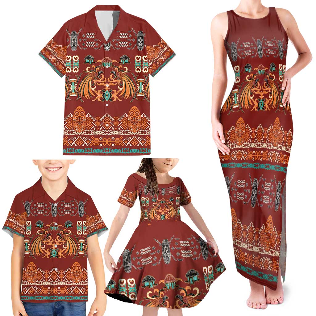 Oxblood Batik Papua-inspired Pattern Family Matching Tank Maxi Dress and Hawaiian Shirt - Polynesian Pride