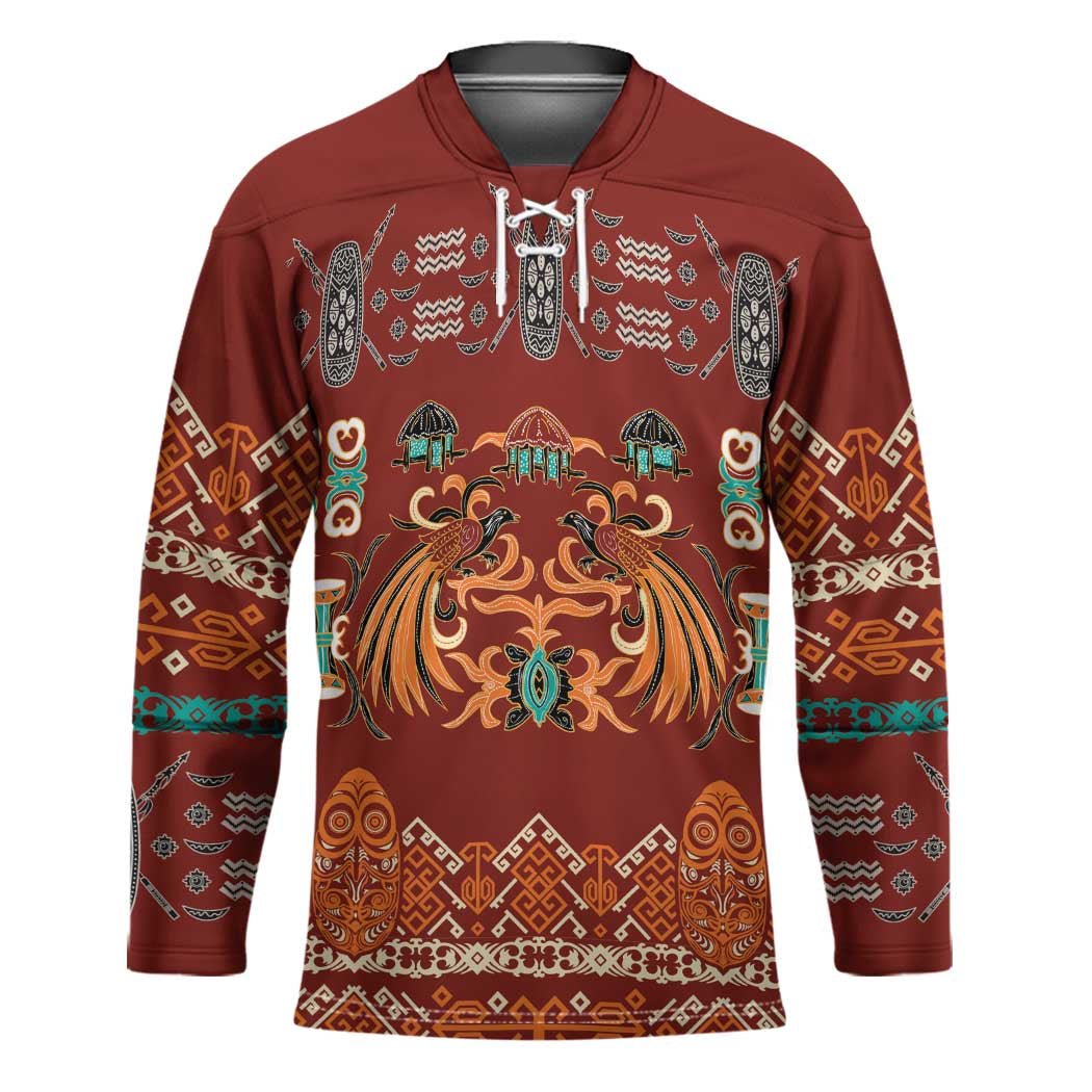 Oxblood Batik Papua-inspired Pattern Hockey Jersey LT9 Unisex Red - Polynesian Pride