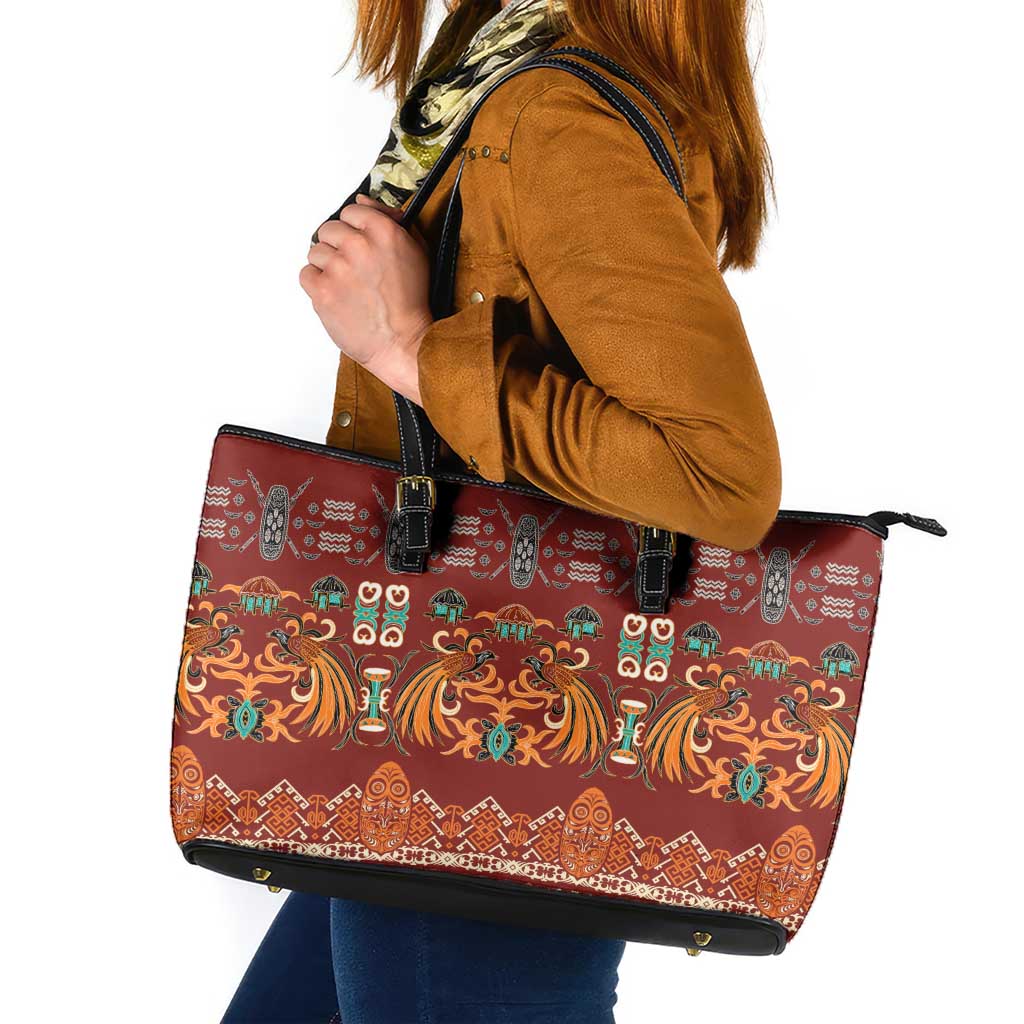 Oxblood Batik Papua-inspired Pattern Leather Tote Bag - Polynesian Pride