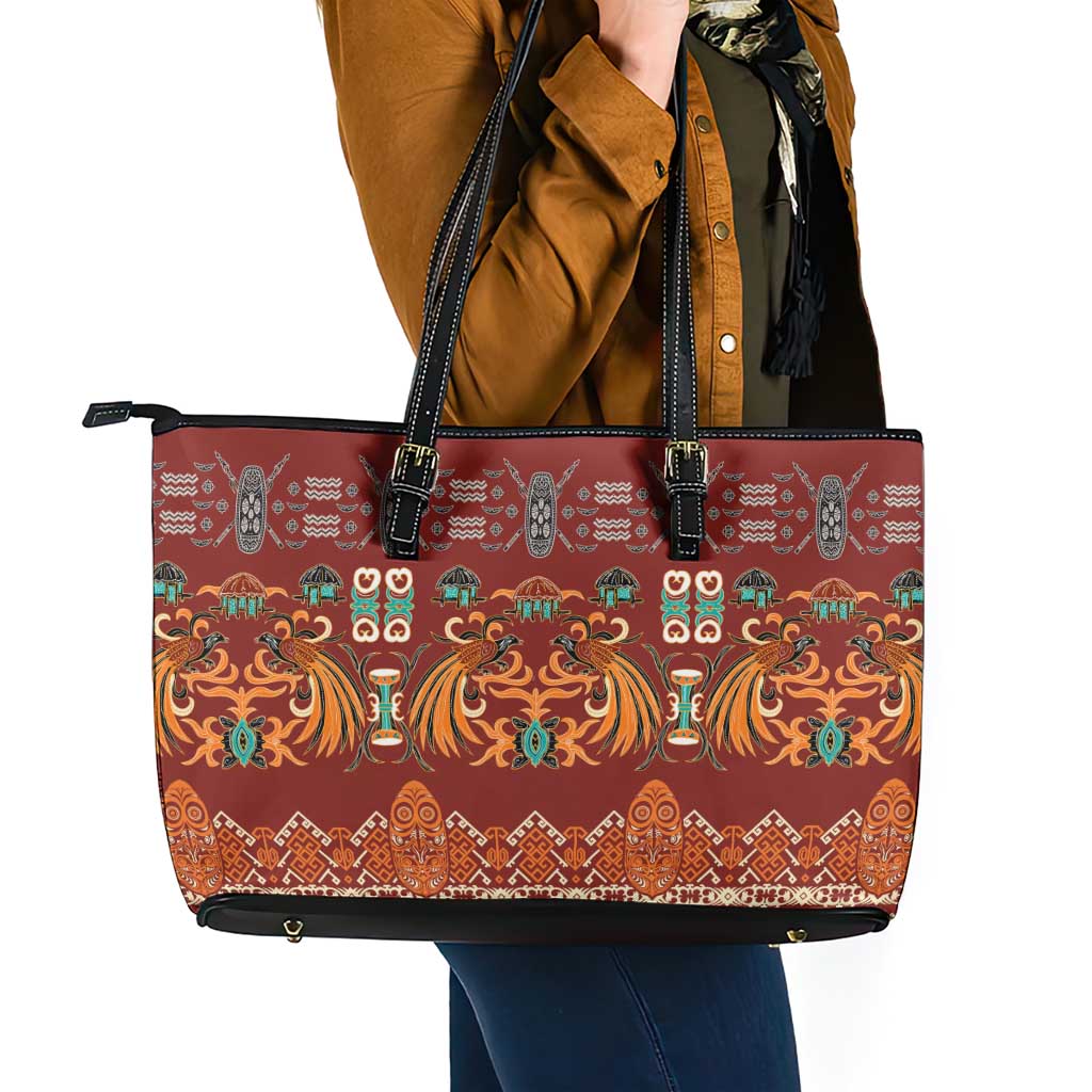 Oxblood Batik Papua-inspired Pattern Leather Tote Bag - Polynesian Pride