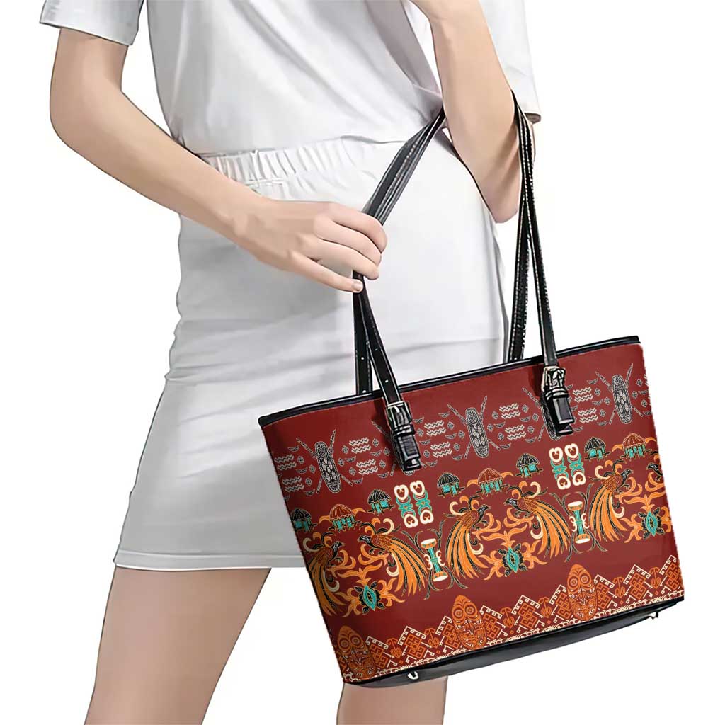 Oxblood Batik Papua-inspired Pattern Leather Tote Bag - Polynesian Pride