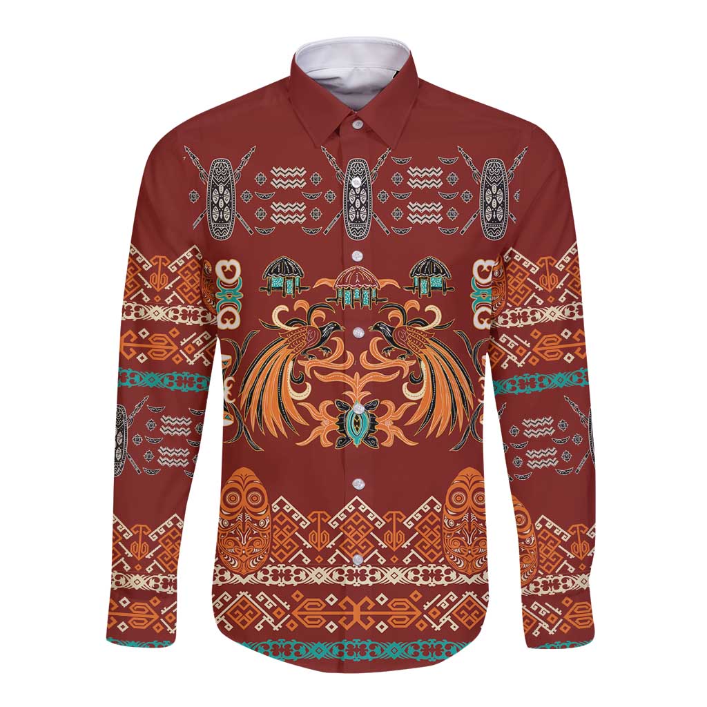 Oxblood Batik Papua-inspired Pattern Long Sleeve Button Shirt LT9 Unisex Red - Polynesian Pride