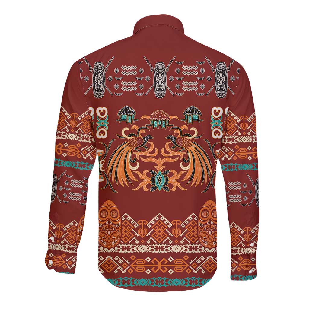 Oxblood Batik Papua-inspired Pattern Long Sleeve Button Shirt LT9 - Polynesian Pride