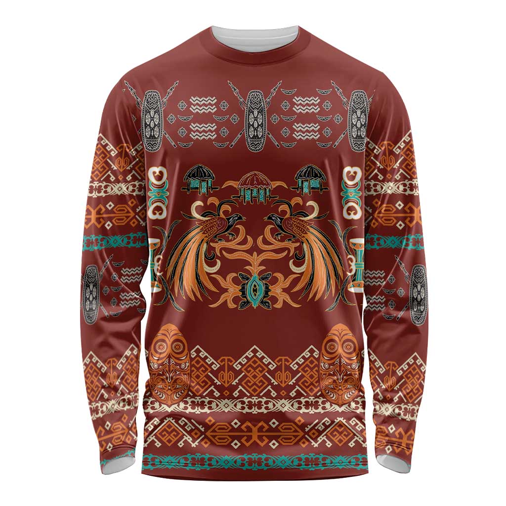 Oxblood Batik Papua-inspired Pattern Long Sleeve Shirt LT9 Unisex Red - Polynesian Pride