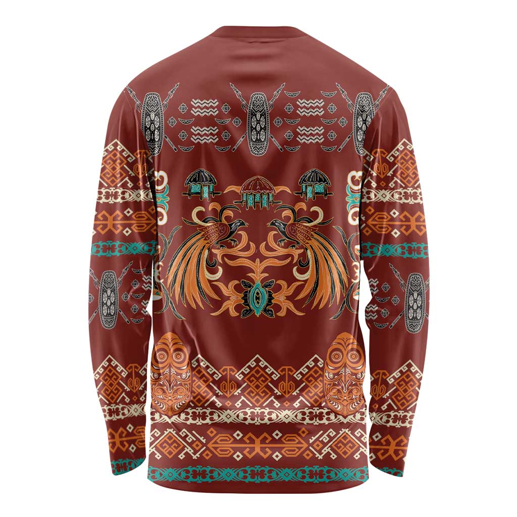 Oxblood Batik Papua-inspired Pattern Long Sleeve Shirt LT9 - Polynesian Pride