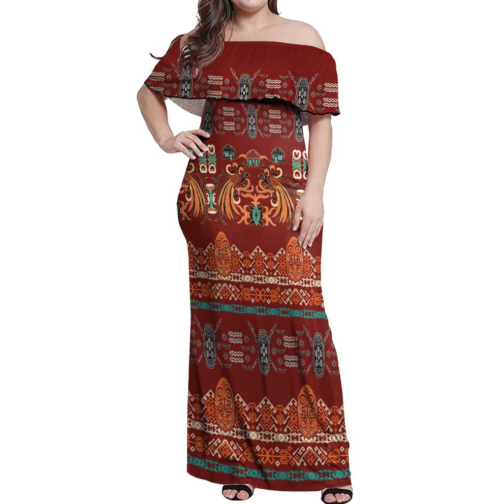 Oxblood Batik Papua-inspired Pattern Off Shoulder Maxi Dress - Polynesian Pride