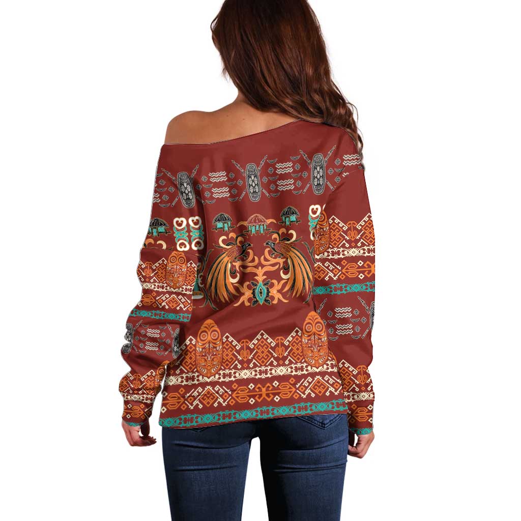 Oxblood Batik Papua-inspired Pattern Off Shoulder Sweater - Polynesian Pride