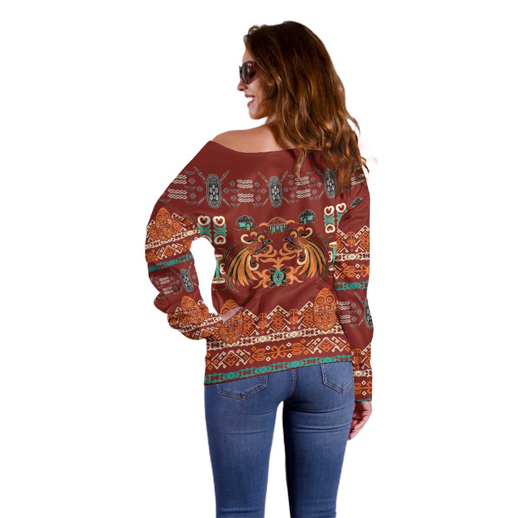 Oxblood Batik Papua-inspired Pattern Off Shoulder Sweater - Polynesian Pride