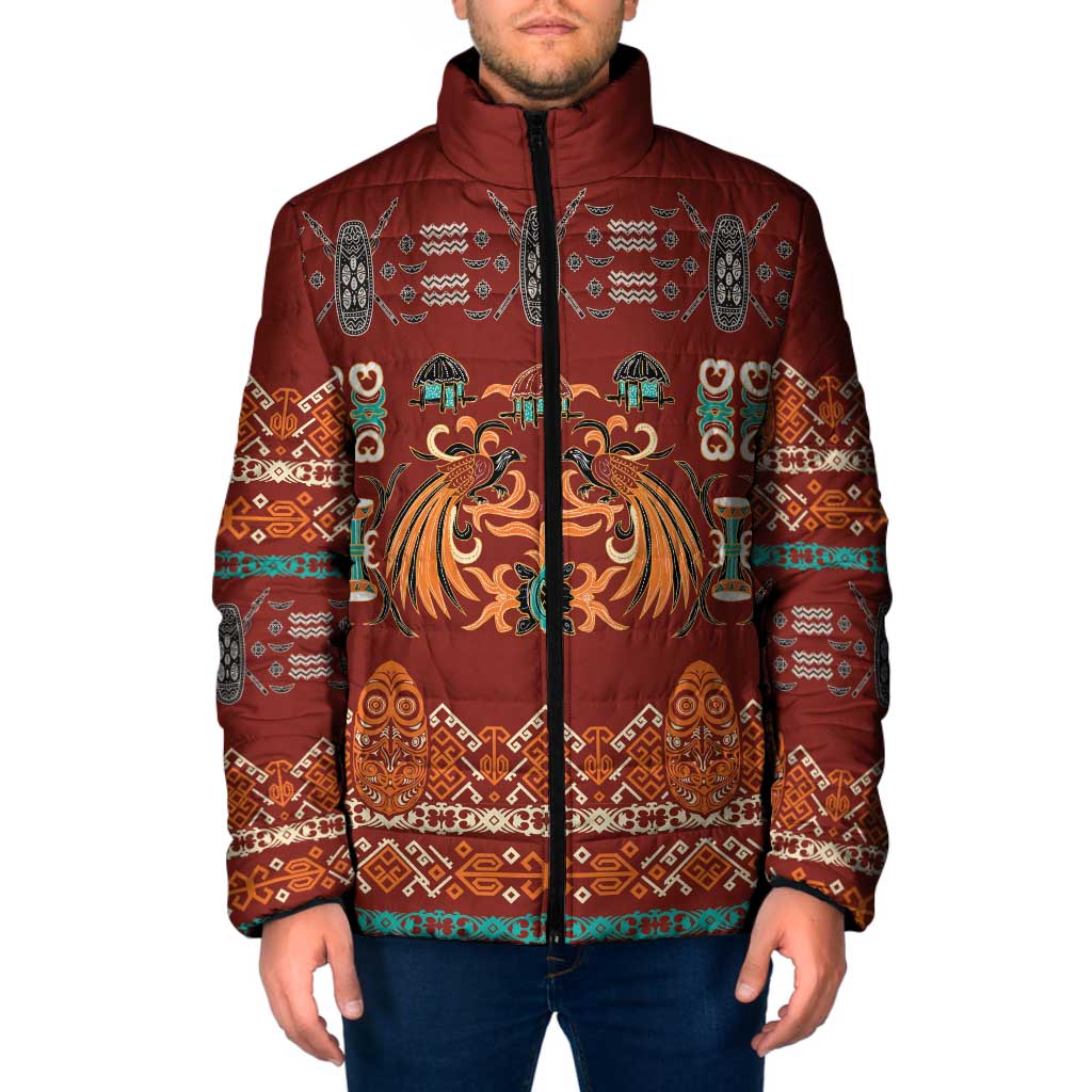 Oxblood Batik Papua-inspired Pattern Padded Jacket LT9 Men Red - Polynesian Pride