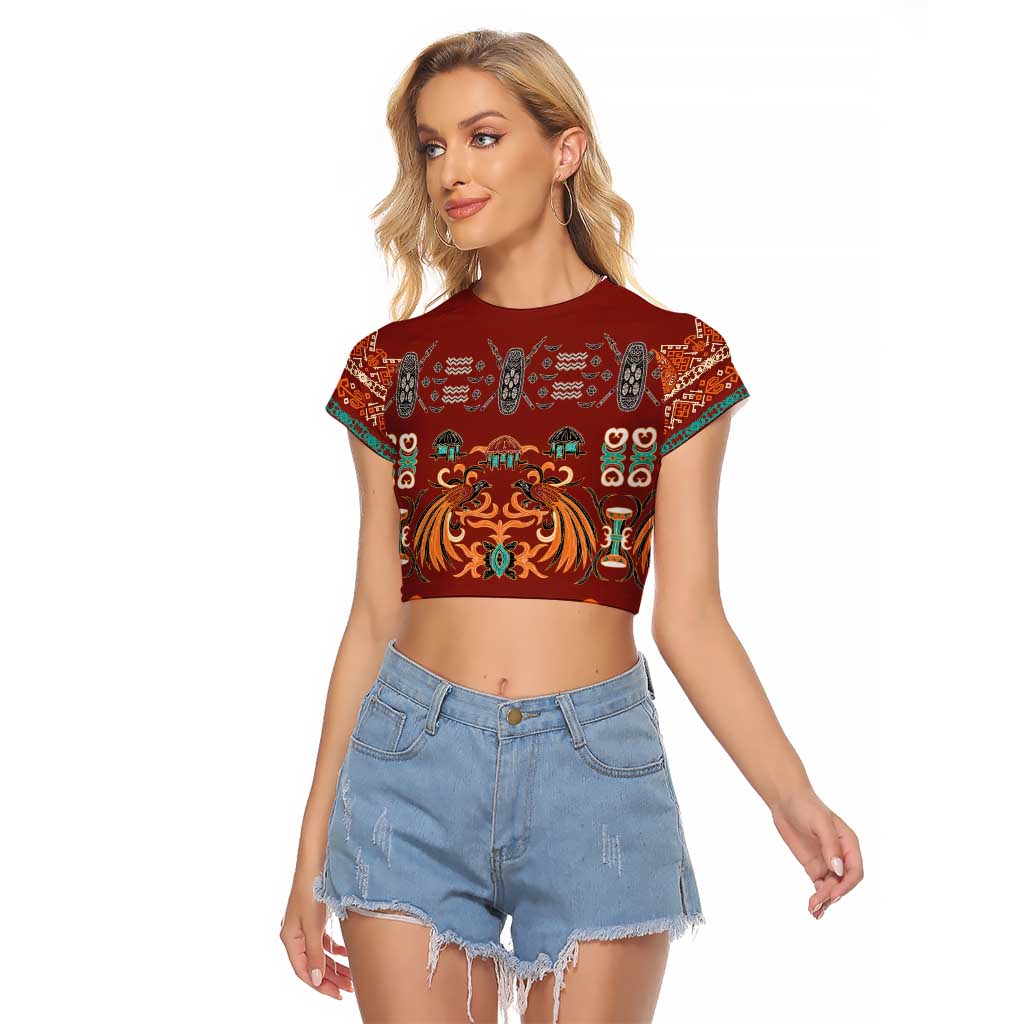 Oxblood Batik Papua-inspired Pattern Raglan Cropped T Shirt LT9 Female Red - Polynesian Pride