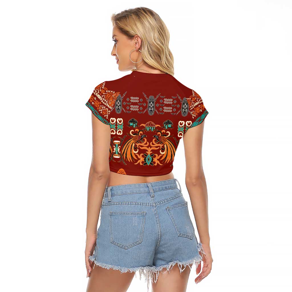 Oxblood Batik Papua-inspired Pattern Raglan Cropped T Shirt LT9 - Polynesian Pride