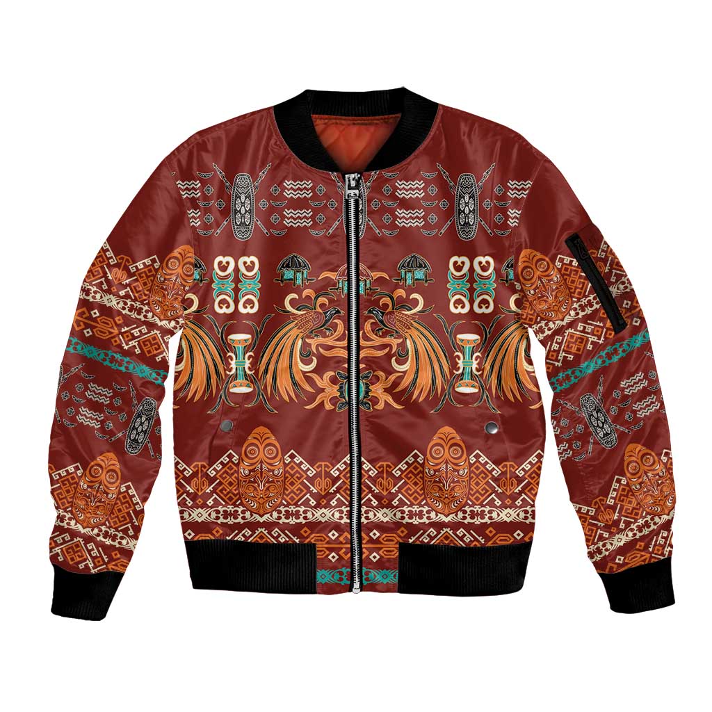 Oxblood Batik Papua-inspired Pattern Sleeve Zip Bomber Jacket LT9 Unisex Red - Polynesian Pride