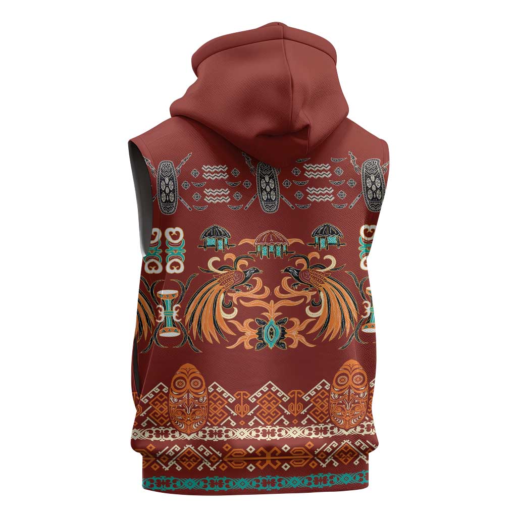 Oxblood Batik Papua-inspired Pattern Sleeveless Hoodie - Polynesian Pride