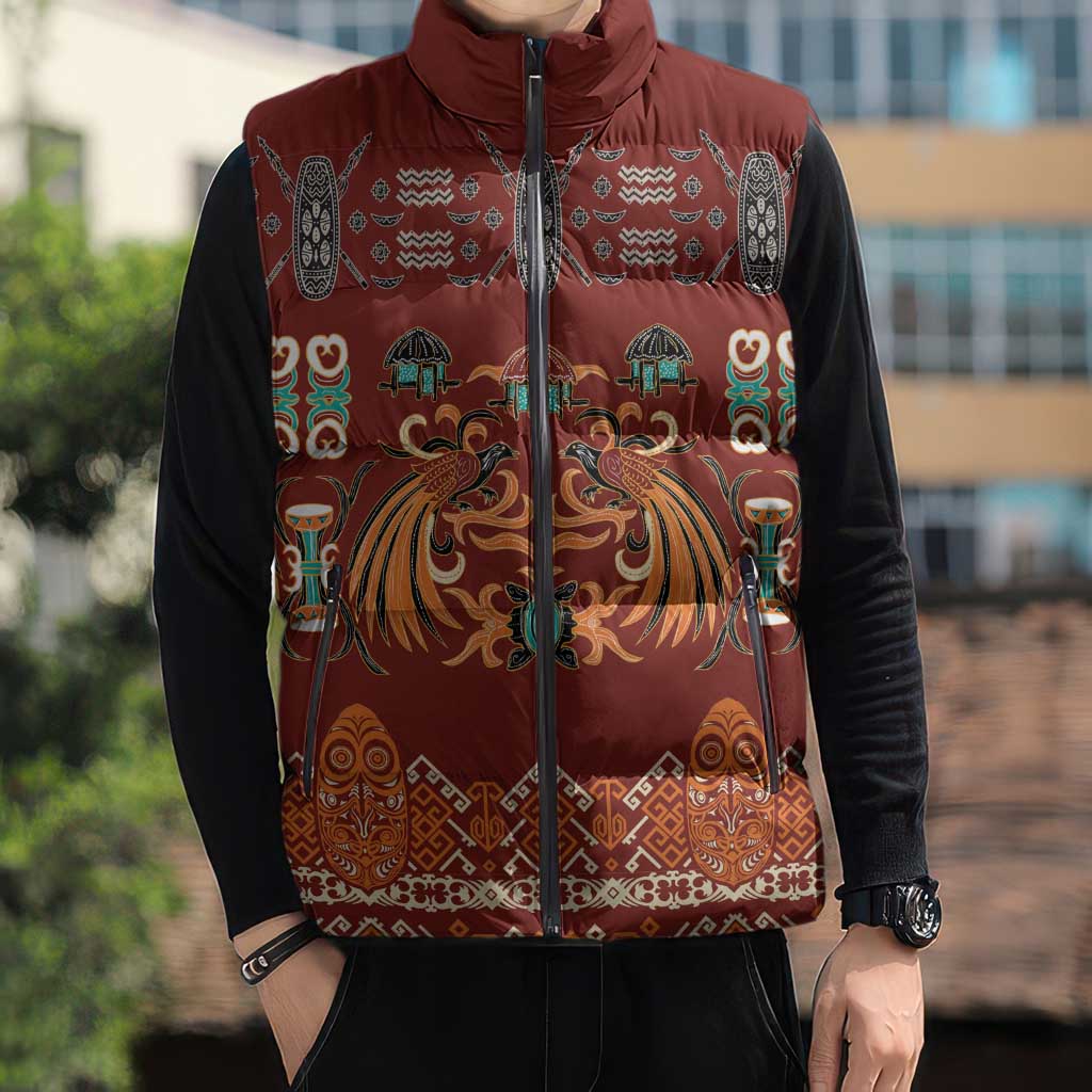 Oxblood Batik Papua-inspired Pattern Sleeveless Puffer Jacket LT9 - Polynesian Pride