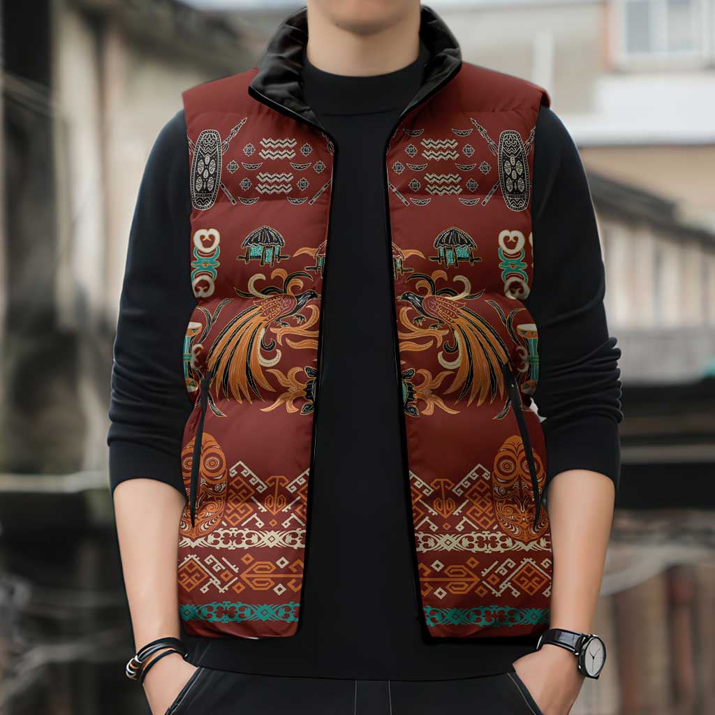Oxblood Batik Papua-inspired Pattern Sleeveless Puffer Jacket LT9 - Polynesian Pride
