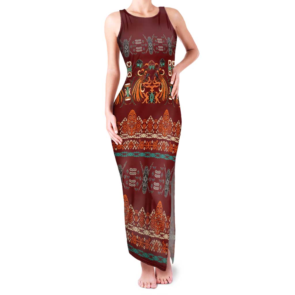 Oxblood Batik Papua-inspired Pattern Tank Maxi Dress - Polynesian Pride