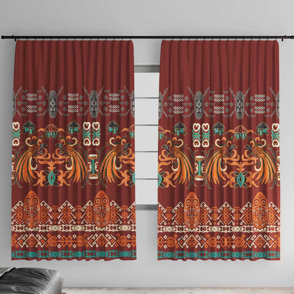 Oxblood Batik Papua-inspired Pattern Window Curtain LT9 With Hooks Red - Polynesian Pride