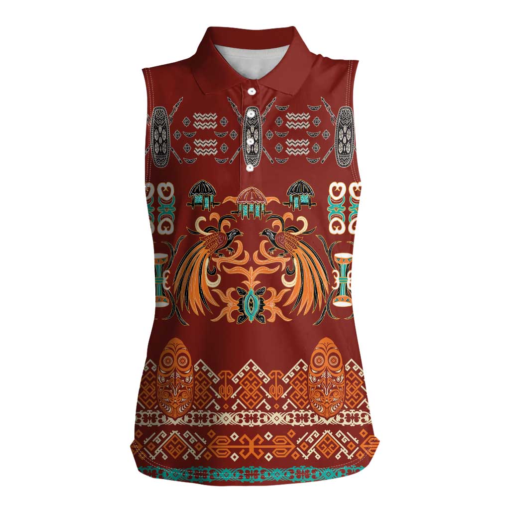 Oxblood Batik Papua-inspired Pattern Women Sleeveless Polo Shirt - Polynesian Pride