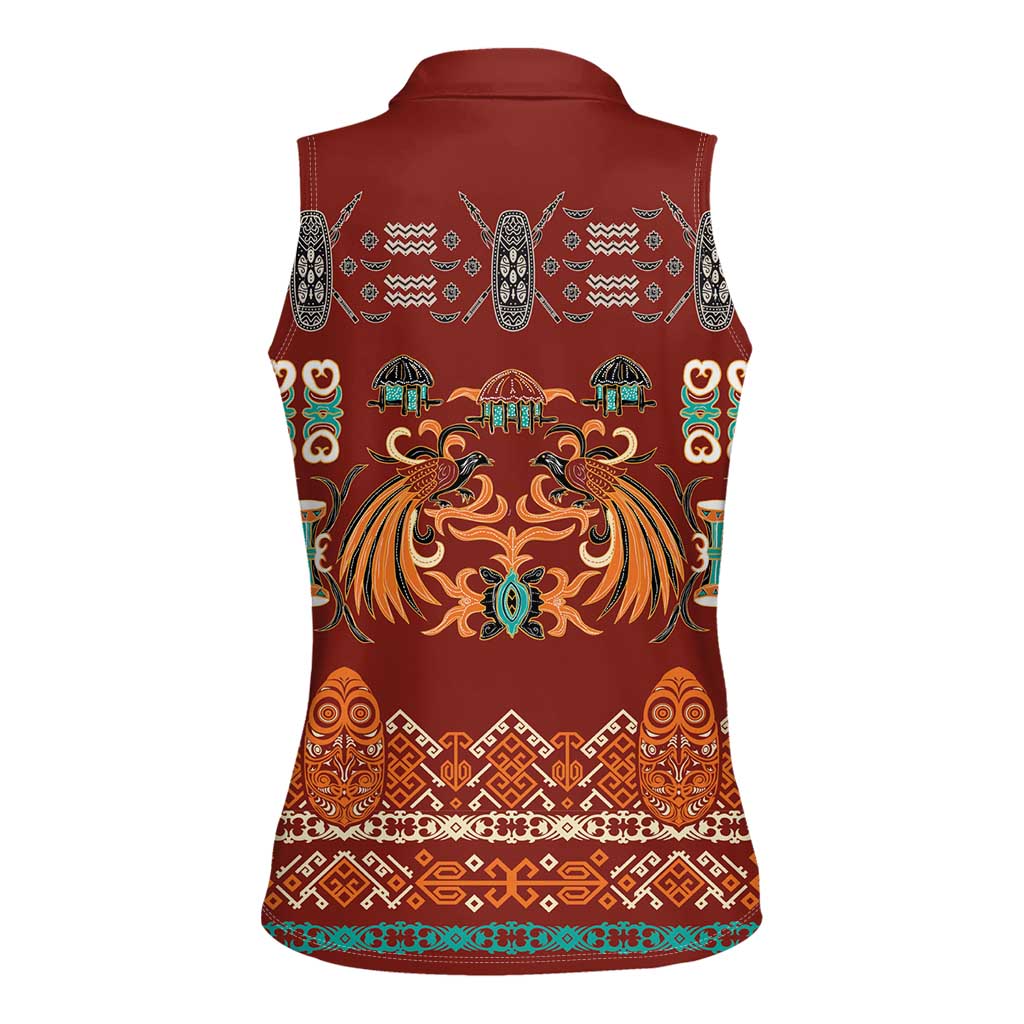 Oxblood Batik Papua-inspired Pattern Women Sleeveless Polo Shirt - Polynesian Pride