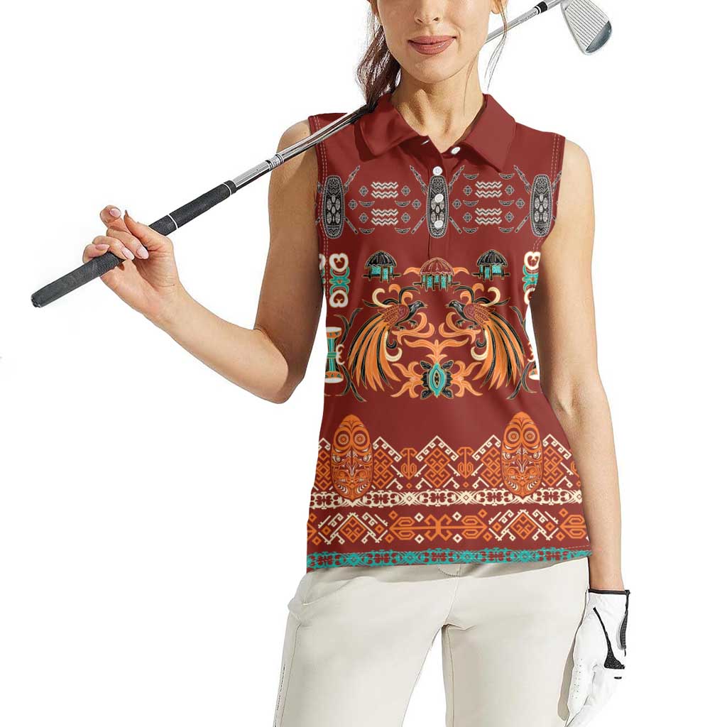 Oxblood Batik Papua-inspired Pattern Women Sleeveless Polo Shirt - Polynesian Pride