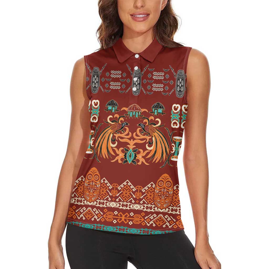 Oxblood Batik Papua-inspired Pattern Women Sleeveless Polo Shirt - Polynesian Pride