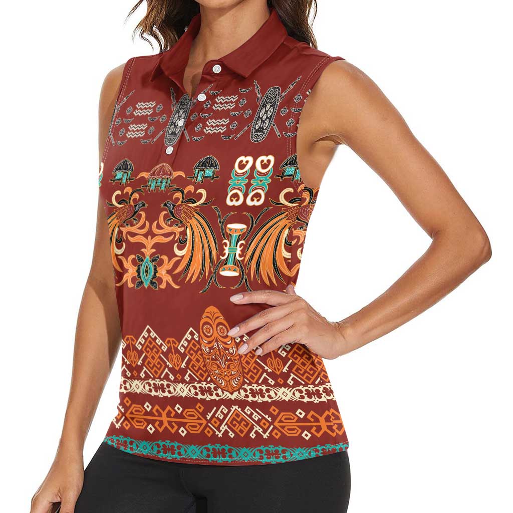 Oxblood Batik Papua-inspired Pattern Women Sleeveless Polo Shirt - Polynesian Pride