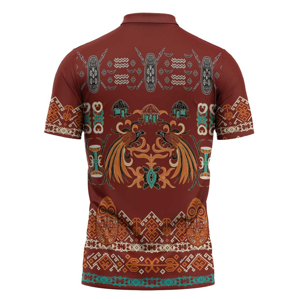 Oxblood Batik Papua-inspired Pattern Zipper Polo Shirt - Polynesian Pride