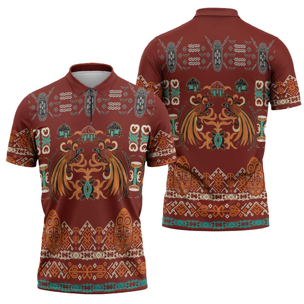 Oxblood Batik Papua-inspired Pattern Zipper Polo Shirt - Polynesian Pride