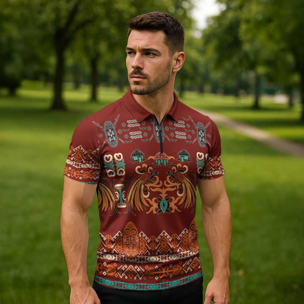 Oxblood Batik Papua-inspired Pattern Zipper Polo Shirt - Polynesian Pride