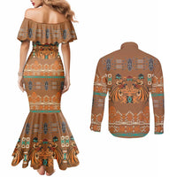 Terracotta Batik Papua-inspired Pattern Couples Matching Mermaid Dress and Long Sleeve Button Shirt LT9 - Polynesian Pride