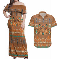 Terracotta Batik Papua-inspired Pattern Couples Matching Off Shoulder Maxi Dress and Hawaiian Shirt - Polynesian Pride