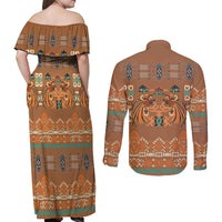 Terracotta Batik Papua-inspired Pattern Couples Matching Off Shoulder Maxi Dress and Long Sleeve Button Shirt LT9 - Polynesian Pride
