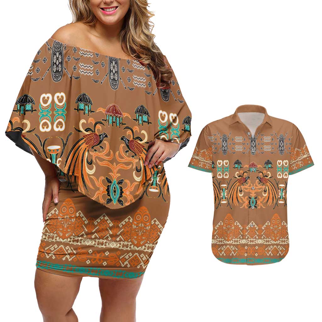 Terracotta Batik Papua-inspired Pattern Couples Matching Off Shoulder Short Dress and Hawaiian Shirt - Polynesian Pride