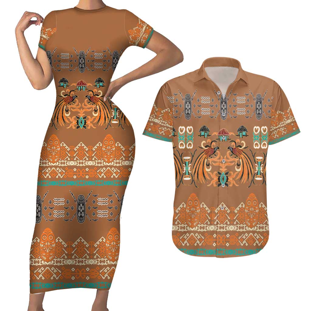 Terracotta Batik Papua-inspired Pattern Couples Matching Short Sleeve Bodycon Dress and Hawaiian Shirt - Polynesian Pride
