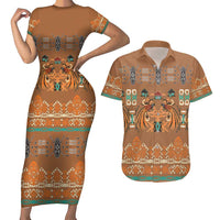 Terracotta Batik Papua-inspired Pattern Couples Matching Short Sleeve Bodycon Dress and Hawaiian Shirt - Polynesian Pride