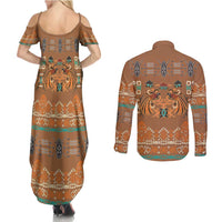 Terracotta Batik Papua-inspired Pattern Couples Matching Summer Maxi Dress and Long Sleeve Button Shirt - Polynesian Pride