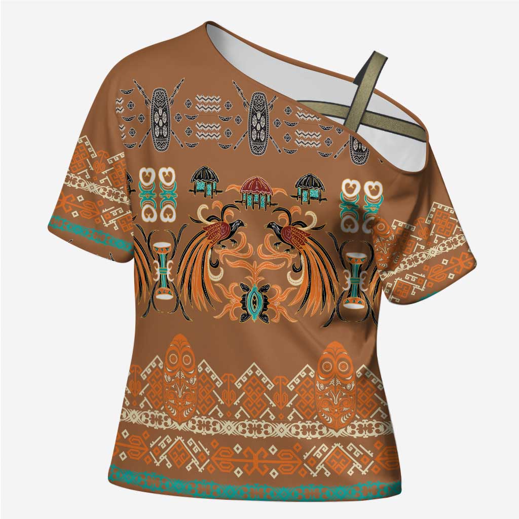 Terracotta Batik Papua-inspired Pattern Cross Shoulder Shirt LT9 Female Gold - Polynesian Pride