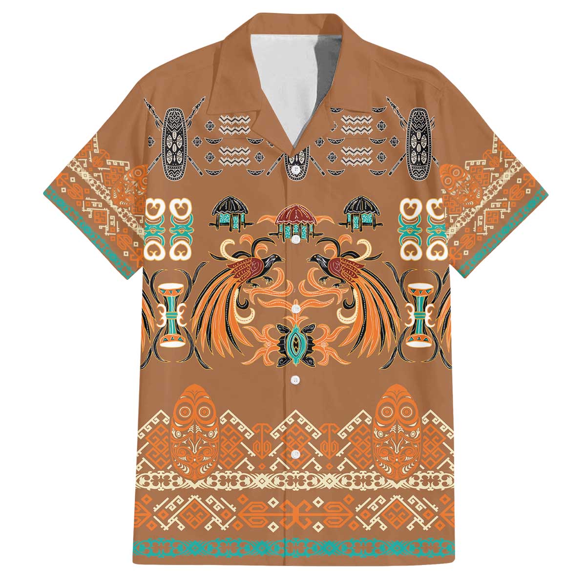 Terracotta Batik Papua-inspired Pattern Family Matching Off The Shoulder Long Sleeve Dress and Hawaiian Shirt - Polynesian Pride