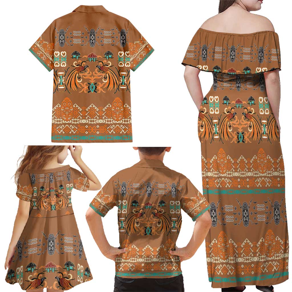 Terracotta Batik Papua-inspired Pattern Family Matching Off Shoulder Maxi Dress and Hawaiian Shirt - Polynesian Pride