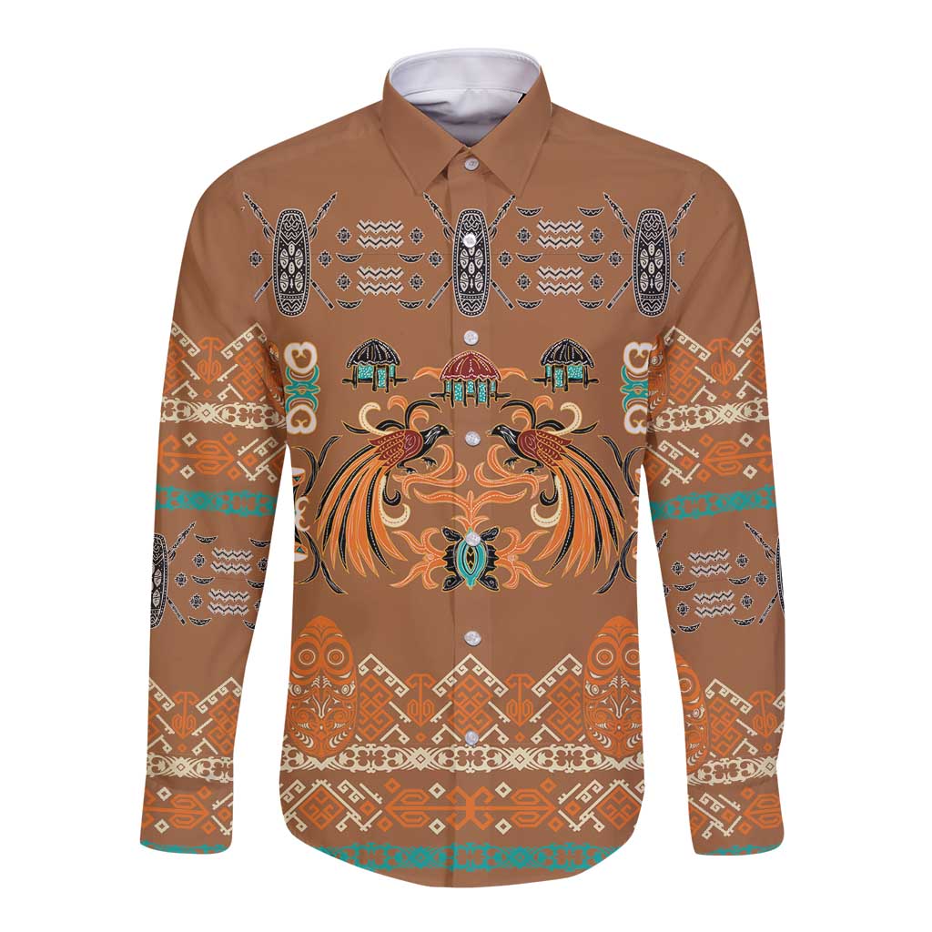 Terracotta Batik Papua-inspired Pattern Long Sleeve Button Shirt LT9 Unisex Gold - Polynesian Pride