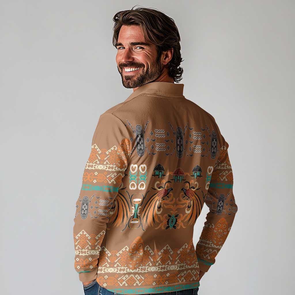Terracotta Batik Papua-inspired Pattern Long Sleeve Polo Shirt - Polynesian Pride