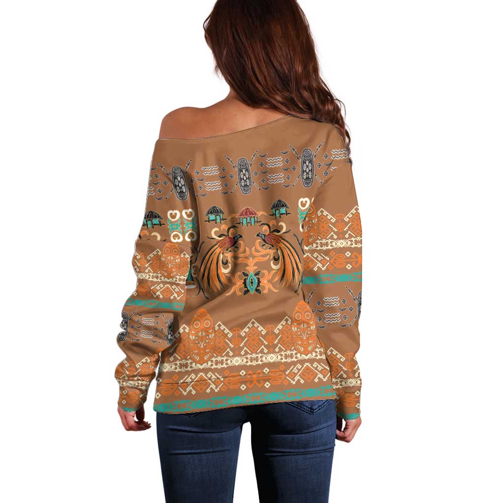Terracotta Batik Papua-inspired Pattern Off Shoulder Sweater - Polynesian Pride