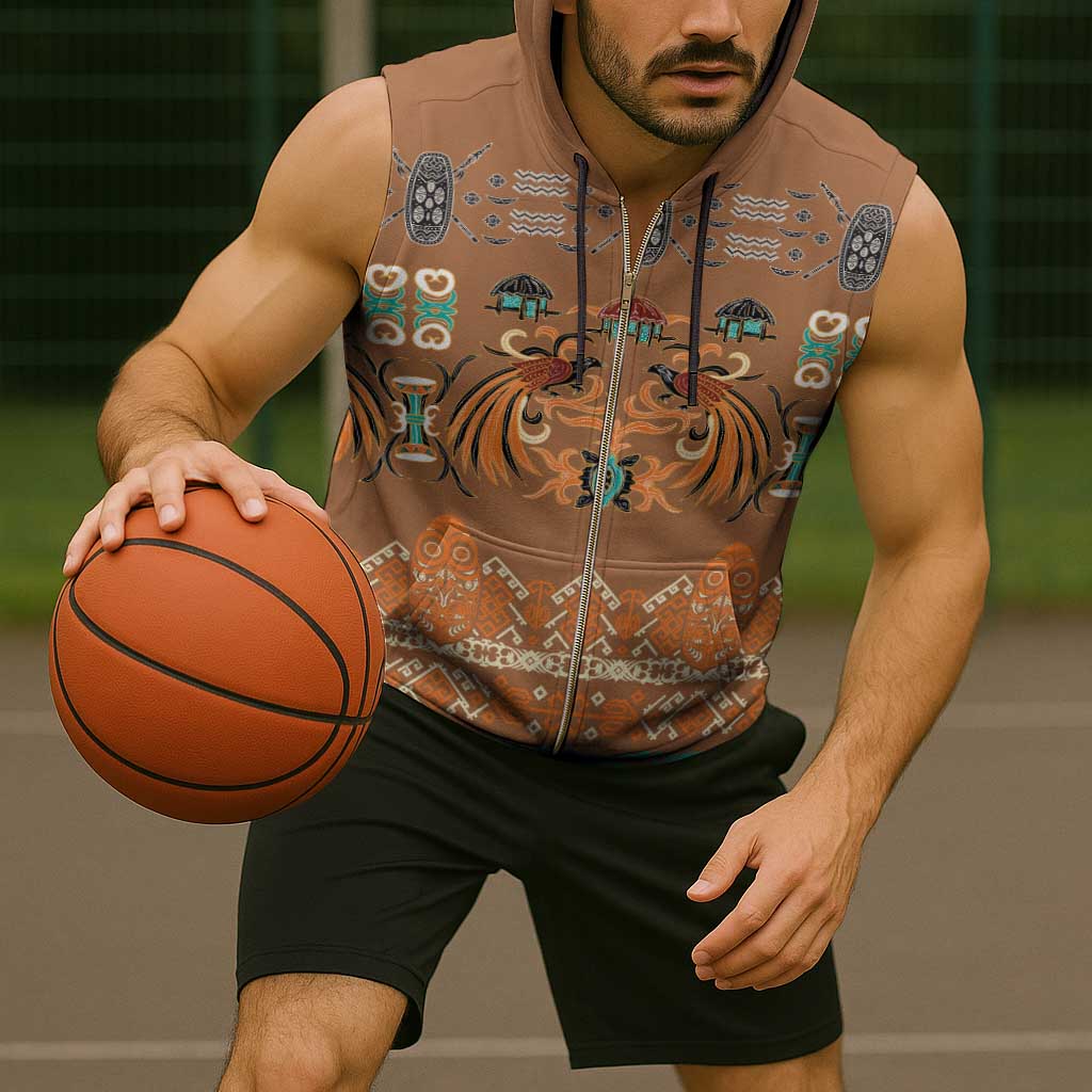 Terracotta Batik Papua-inspired Pattern Sleeveless Zip Hoodie - Polynesian Pride