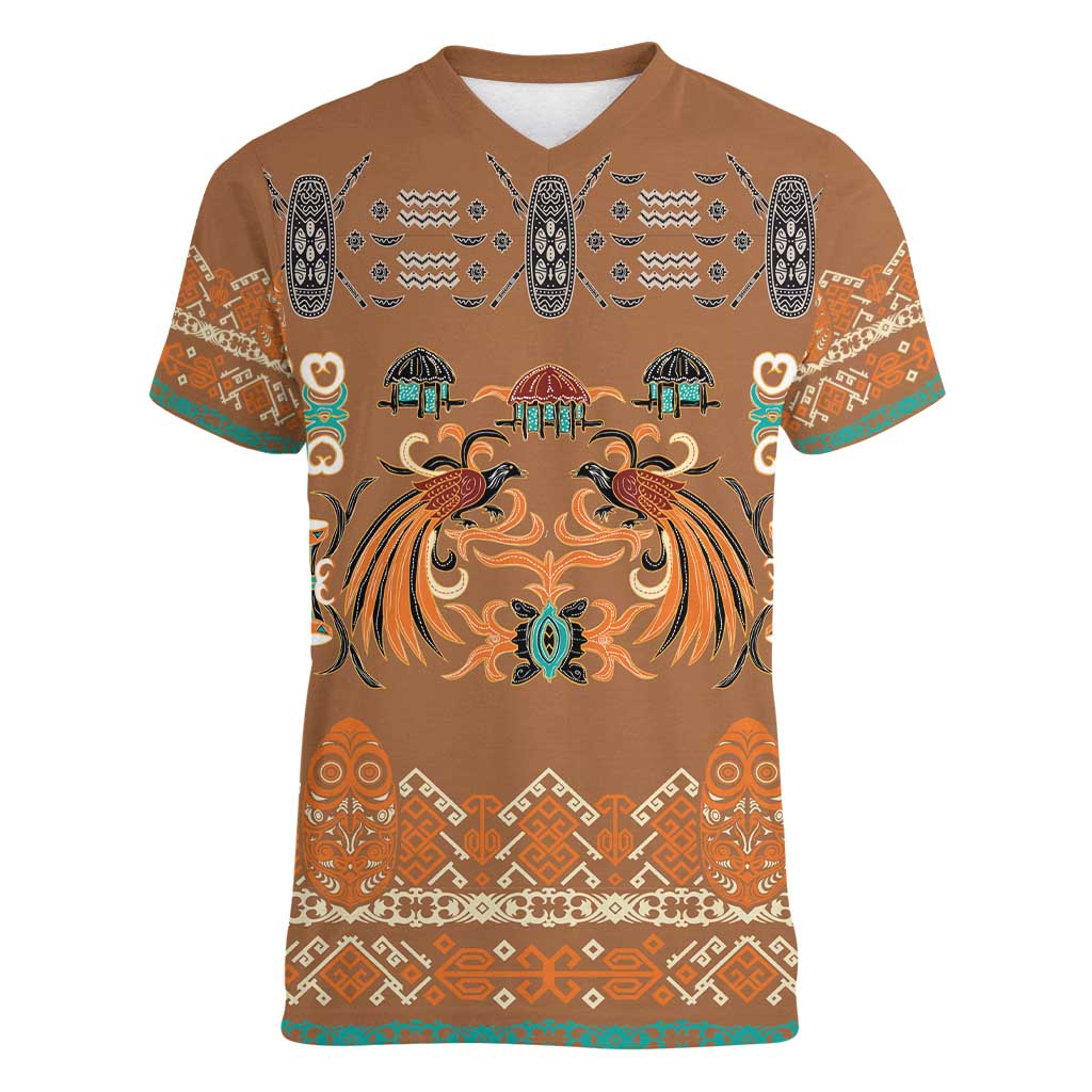 Terracotta Batik Papua-inspired Pattern Women V-Neck T-Shirt LT9 Female Gold - Polynesian Pride