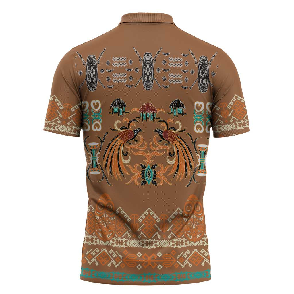Terracotta Batik Papua-inspired Pattern Zipper Polo Shirt - Polynesian Pride