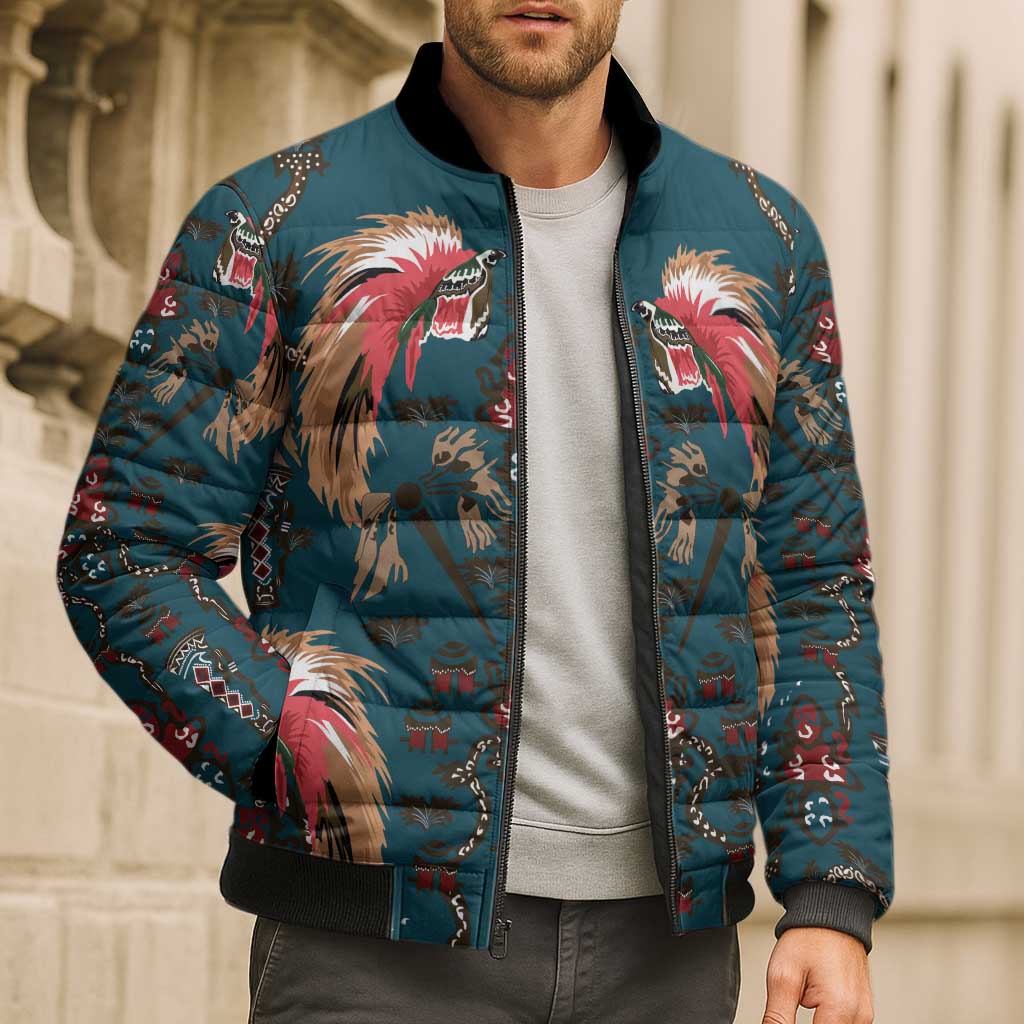 Dark Cyan Blue Bird of Batik Papua Bomber Puffer Jacket Exotic Natural Wealth of Papua LT9 - Polynesian Pride