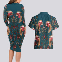 Dark Cyan Blue Bird of Batik Papua Couples Matching Long Sleeve Bodycon Dress and Hawaiian Shirt Exotic Natural Wealth of Papua - Polynesian Pride