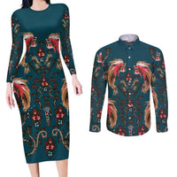 Dark Cyan Blue Bird of Batik Papua Couples Matching Long Sleeve Bodycon Dress and Long Sleeve Button Shirt Exotic Natural Wealth of Papua LT9 Blue - Polynesian Pride