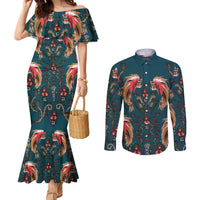 Dark Cyan Blue Bird of Batik Papua Couples Matching Mermaid Dress and Long Sleeve Button Shirt Exotic Natural Wealth of Papua LT9 Blue - Polynesian Pride