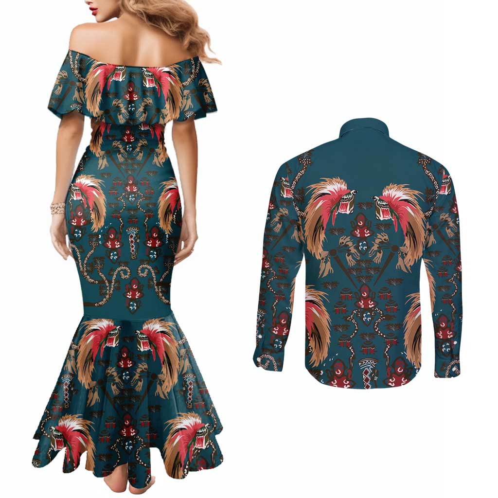 Dark Cyan Blue Bird of Batik Papua Couples Matching Mermaid Dress and Long Sleeve Button Shirt Exotic Natural Wealth of Papua LT9 - Polynesian Pride